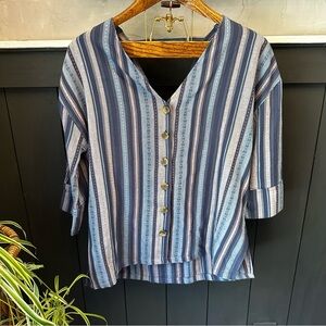 RD & Kokio Anthropologie Blue‎ Striped 3/4 Sleeve V-neck Button Up Blouse sz MED